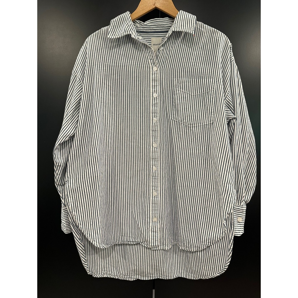 Maeve Anthropologie Striped Button Down Shirt Blue White High Low Cotton Small